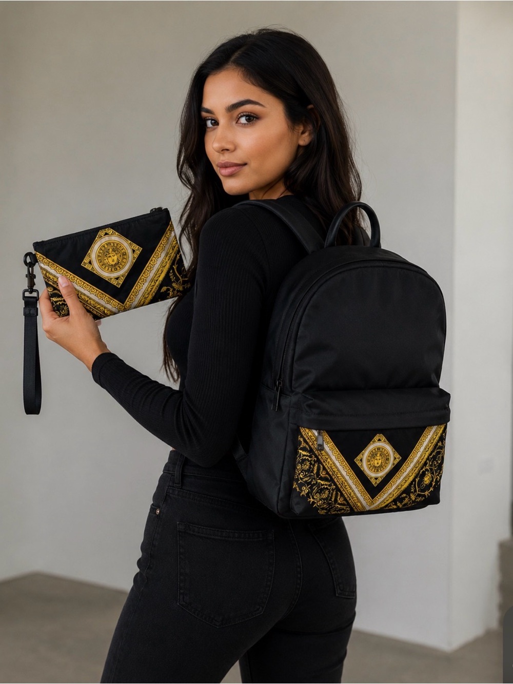 Versace Medusa Baroque Black Backpack + Matching Wristlet